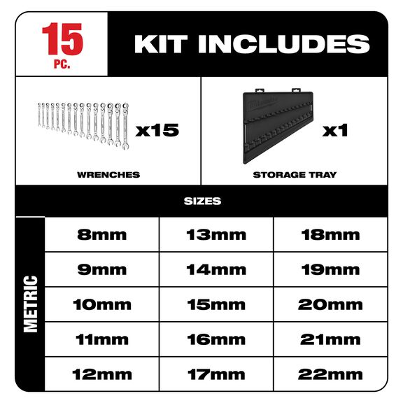 Metric Flex Head Ratcheting Combination Wrench Set, 15 Piece image number 1