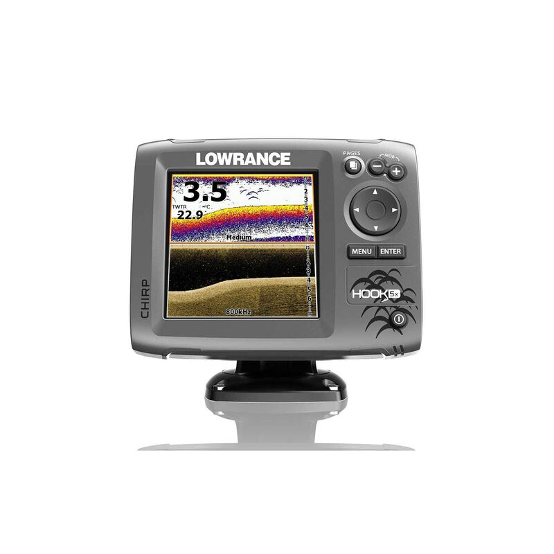 Hook-5x Fishfinder with Mid/High (83/200kHz) CHIRP and DownScan™  (455/800kHz) Imaging.