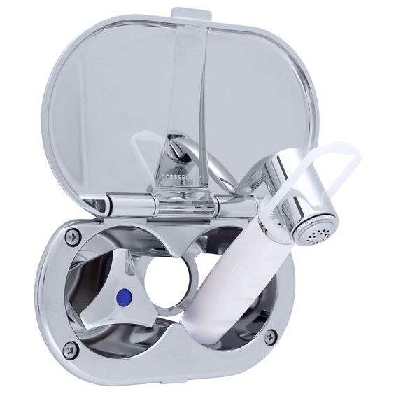 Trinidad Transom Shower Cold Only, Chrome Cup & Lid, Hammer-Head Arctic White Sprayer, 6' White Rubber Hose, Chrome Trinidad Handle image number 1