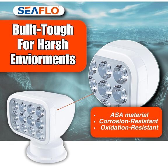 SEAFLO 360&deg; Rotating Remote Control LED Searchlight, 10-30V DC, 2700 Lumens, Wired Remote, White image number 6