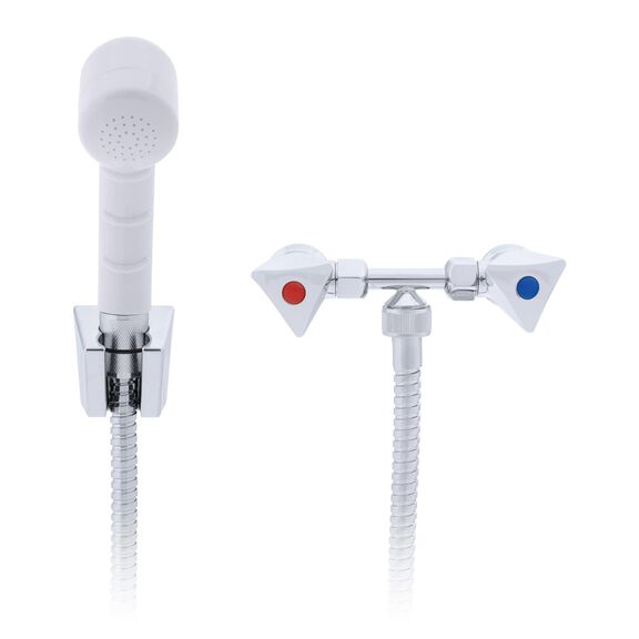 Trinidad 2H External Shower Mixer Small Arctic White Sprayer, 6' Stainless Steel Hose Chrome/Arctic White image number 2