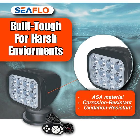 SEAFLO 360&deg; Rotating Remote Control LED Searchlight, 10-30V DC, 2700 Lumens, Wired Remote, Black, 2700K image number 4
