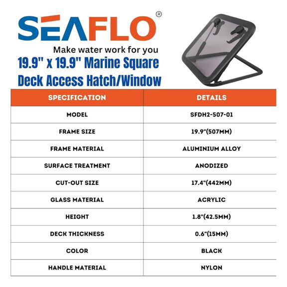 SEAFLO 01-Series 19.9" x 19.9" Black Aluminum Square Deck Hatch image number 2