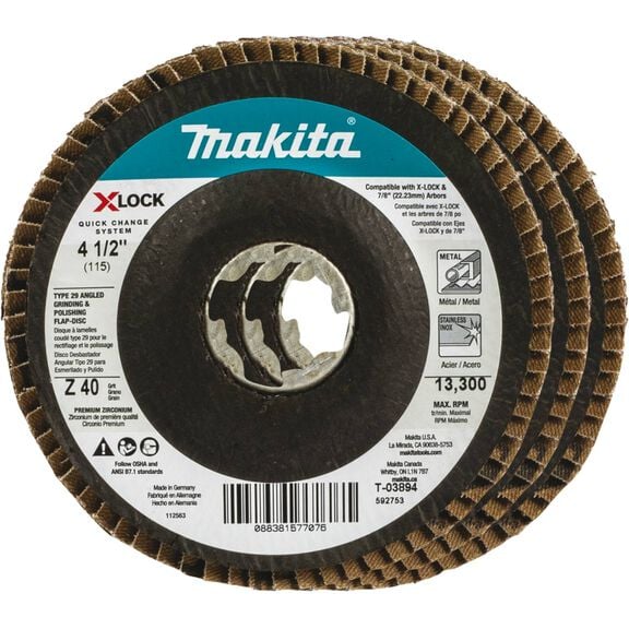 X-LOCK 4‑1/2" 40 Grit Type 29 Angled Grinding and Polishing Flap Disc for X-LOCK and All 7/8" Arbor Grinders, 3-Pack image number 0