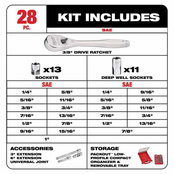3/8" 28 Pc Ratchet & Socket Set with PACKOUT&trade; Organizer image number 4