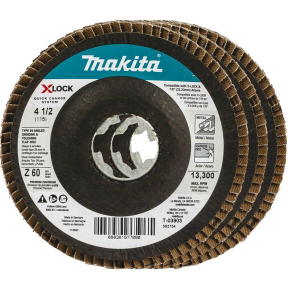 X-LOCK 4‑1/2" 60 Grit Type 29 Angled Grinding and Polishing Flap Disc X-LOCK and All 7/8" Arbor Grinders, 3-Pack image number 0