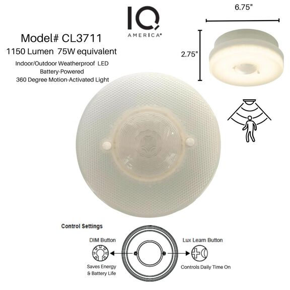 7" IQ AMERICA Battery Powered Indoor/Outdoor Motion Sensor Ceiling Light, 1150 Lumens image number 2