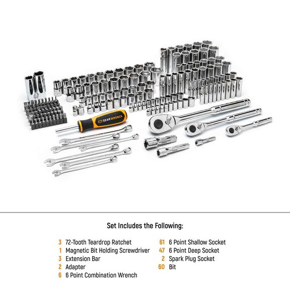 185 Piece 1/4&rdquo;, 3/8&rdquo; & 1/2" Drive 72-Tooth SAE/Metric Mechanics Hand Tool Set image number 2