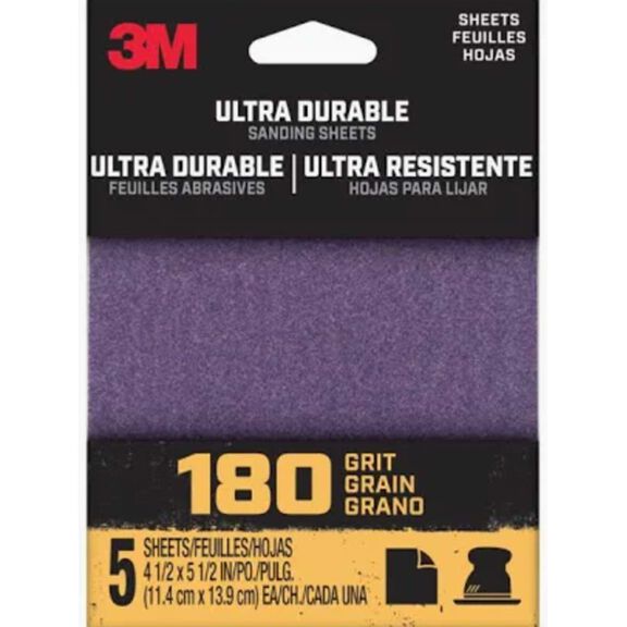 3M Ultra Durable Power Sanding 1/4 Sheet, 180 grit, 1/4Sht5pk180, 5 pk, 20/case image number 0