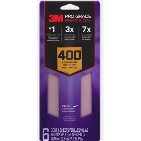 3M Pro Grade Precision Faster Sanding Sheets w/ NO-SLIP GRIP Backing SHTR400-PGP-6T,3 2/3" x 9", 400 Gr, 6 Shts/pk image number 0