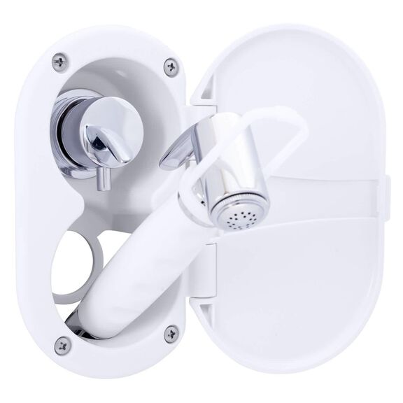 Aidack Transom Shower Hot/Cold Mixer, Arctic White Cup & Lid, Hammer-Head Arctic White Sprayer, 10' White Rubber Hose, Chrome Aidack Handle image number 2