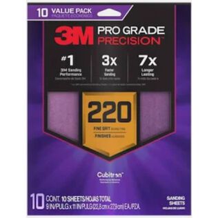 3M Pro Grade Precision Faster Sanding Sheets w/ NO-SLIP GRIP Backing SHR220-PGP-10T, 9" x 11", 220 Gr, 10 Sht/Pk