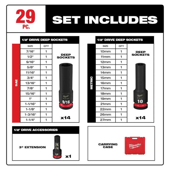 SHOCKWAVE&trade; Impact Duty&trade; 1/2" Drive SAE & Metric Deep 6 Point Socket Set, 29 Piece image number 1