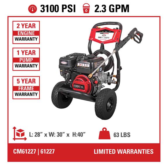 3100 PSI at 2.3 GPM CRX165 with OEM Technologies Axial Cam Pump Cold Water Residential Gas Pressure Washer image number 7
