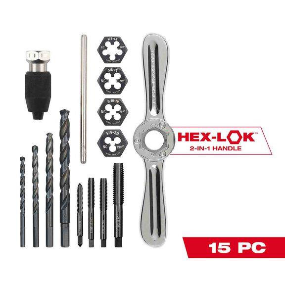 SAE Tap and Die Set with Hex-LOK&trade; 2-in-1 Handle, 15 Piece image number 0
