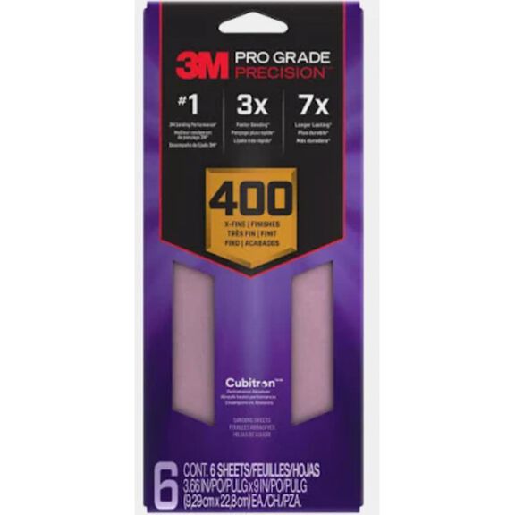 3M Pro Grade Precision Faster Sanding Sheets w/ NO-SLIP GRIP Backing SHR400-PGP-3T, 9" x 11", 400 Gr, 3 Sht/Pk image number 0