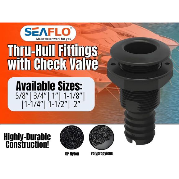 SEAFLO 1-1/4 in Angled Thru Hull Fitting with Check Valve Black image number 2