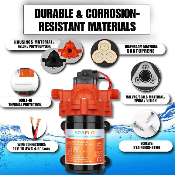 SEAFLO 33 Series 12V DC Diaphragm Pump &ndash; 3.0 GPM, 45 PSI, Self-Priming, Run Dry Safe, Built-In Pressure Switch image number 6