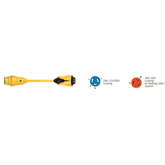 Marinco EEL Shore Power Pigtail Adapter, 50 Amp 125/250V Male to 30 Amp 125V Female image number 1
