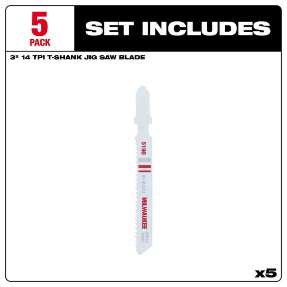 3" 14TPI T-Shank Metal Cutting Bi-Metal Jig Saw Blades, 5 Pack image number 2