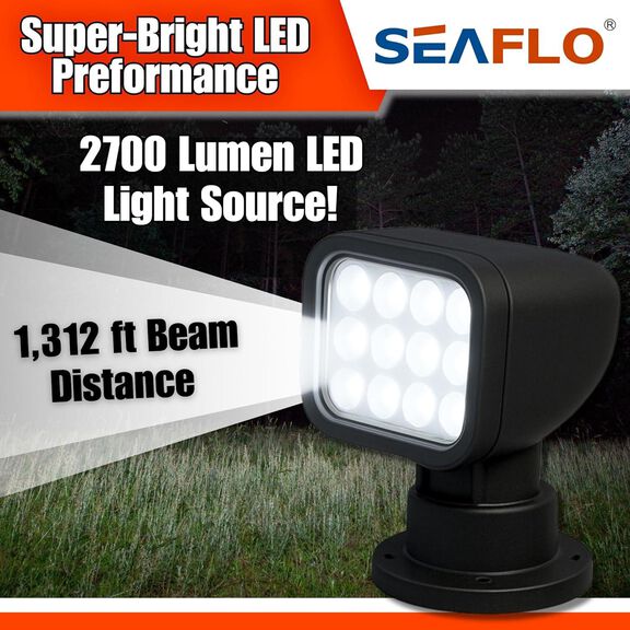 SEAFLO 360&deg; Rotating Remote Control LED Searchlight, 10-30V DC, 2700 Lumens, Wireless Remote, Black image number 4