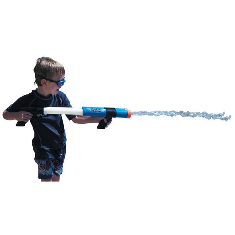 Young boy shooting water out of Stream Machine Double Barrel Toy Water Gun
