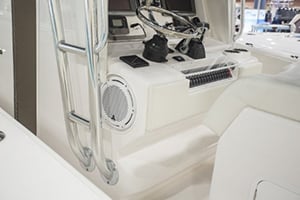JL Audio infinite baffle subwoofer mounted on the side of the helm.