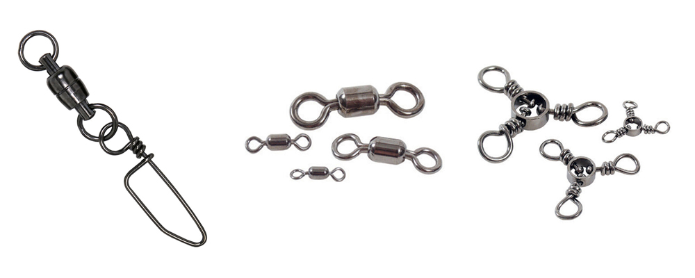 Fishing swivels and snap swivels for preventing line twist and quick lure changes