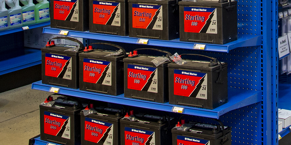 West Marine lead-acid batteries on shelf in West Marine store