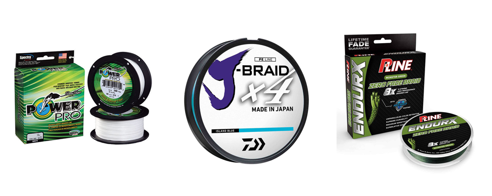 Spools of braided fishing line in various pound-test ratings for saltwater and freshwater use