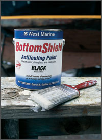West Marine Bottom Shield antifouling paint next to a paint brush