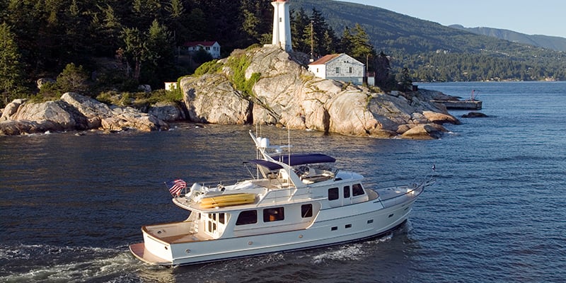 Trawler style boat underway