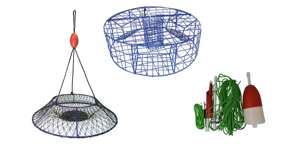 Crabbing hoop net, crab pot, and crab pot marker buoy for dock, pier, and boat crabbing