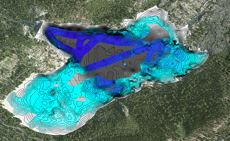 Pinecrest lake in California with dark spots showing areas that need to be explored further