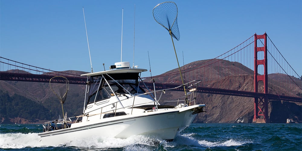 A fishing boat near the Golden Gate bridge.