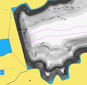 close-up of crowd-sourced sonar chart with one inch contours