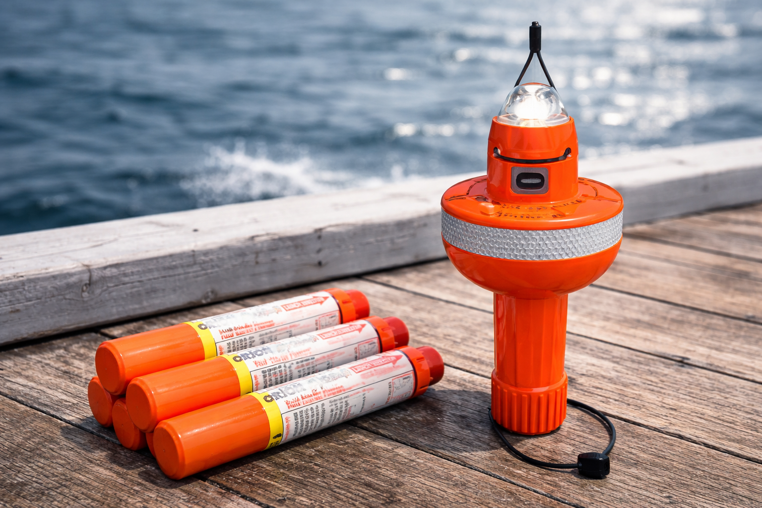 Orange aerial flare cartridges and floating electronic distress beacon