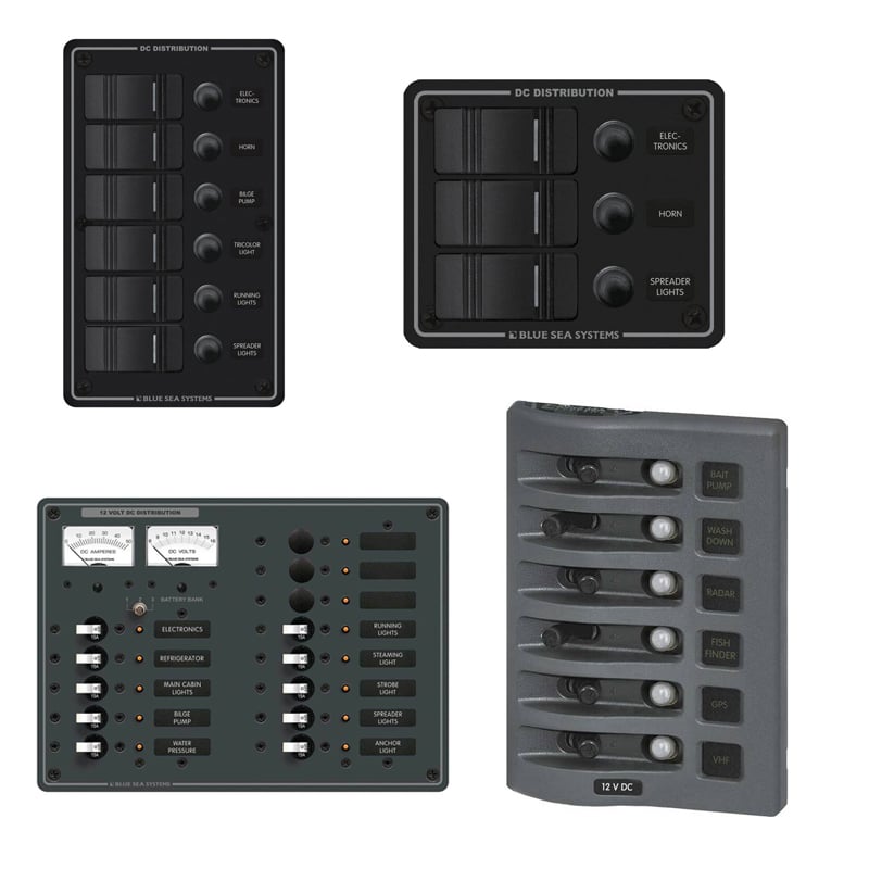Examples of fuse and breaker distribution panels by Blue Sea Systems.