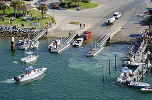 Aerial view of boats at launch ramp