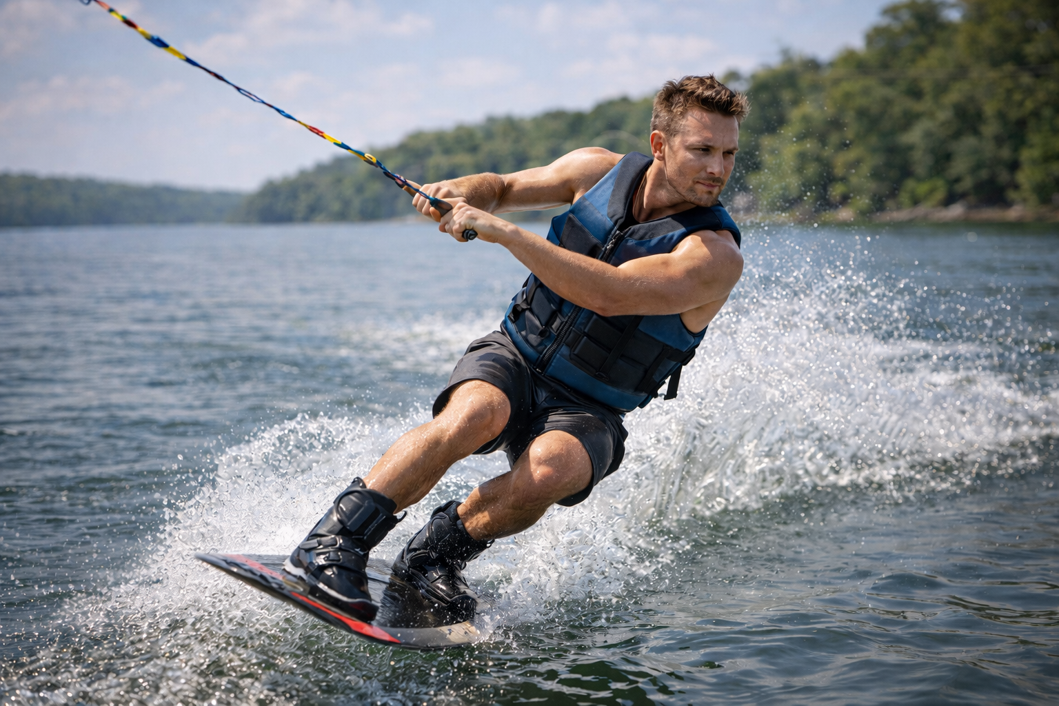 wakeboarder wearing a watersports life jacket