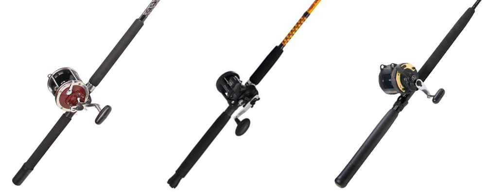 Penn Senator, Shakespeare Ugly Stik Bigwater, and Shimano Star Rod conventional rod and reel combos