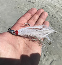 Artificial fly displayed in palm of hand