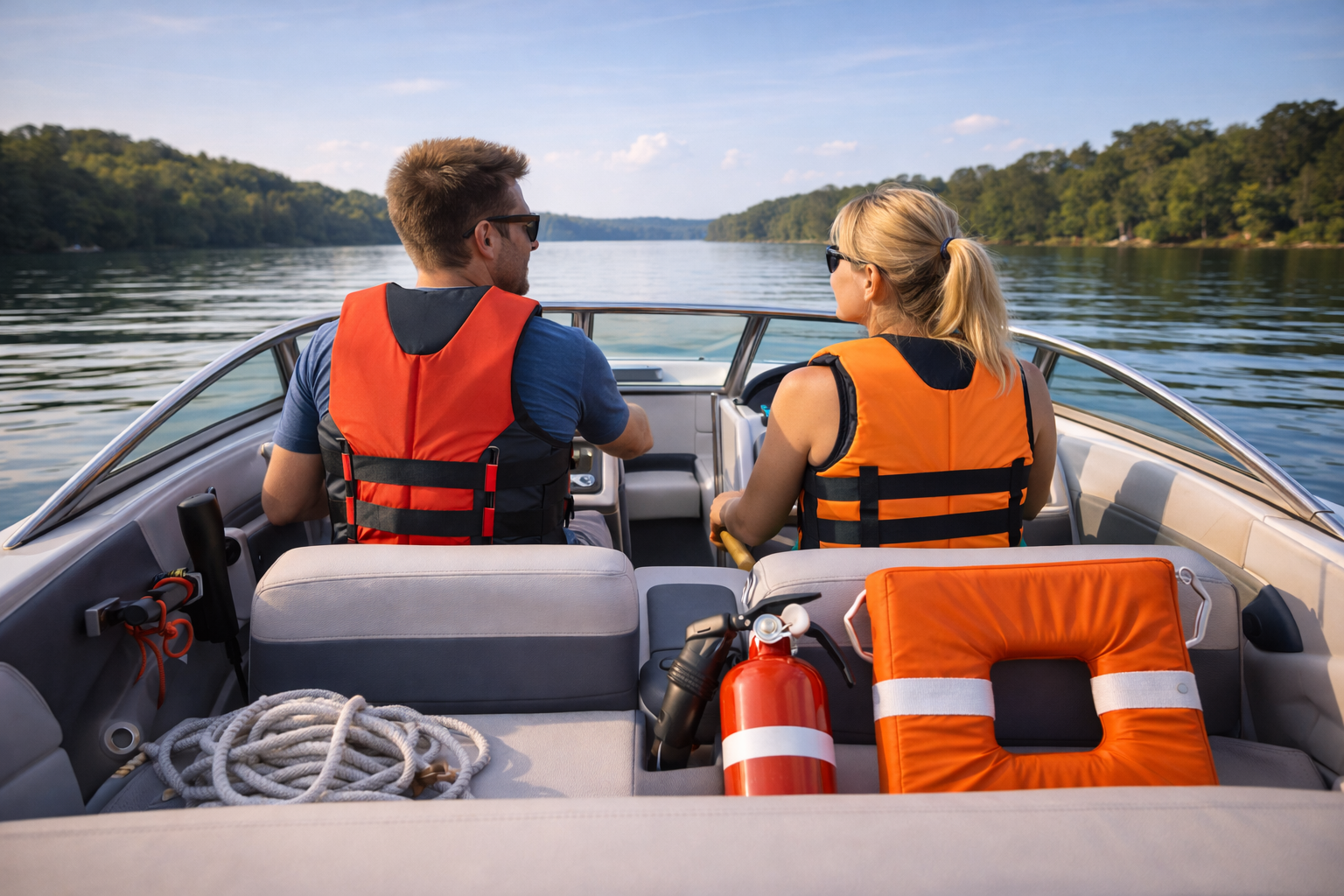 boaters wearing life jackets on a recreational boat