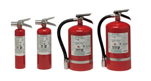 Group shot of four different sizes of extinguishers