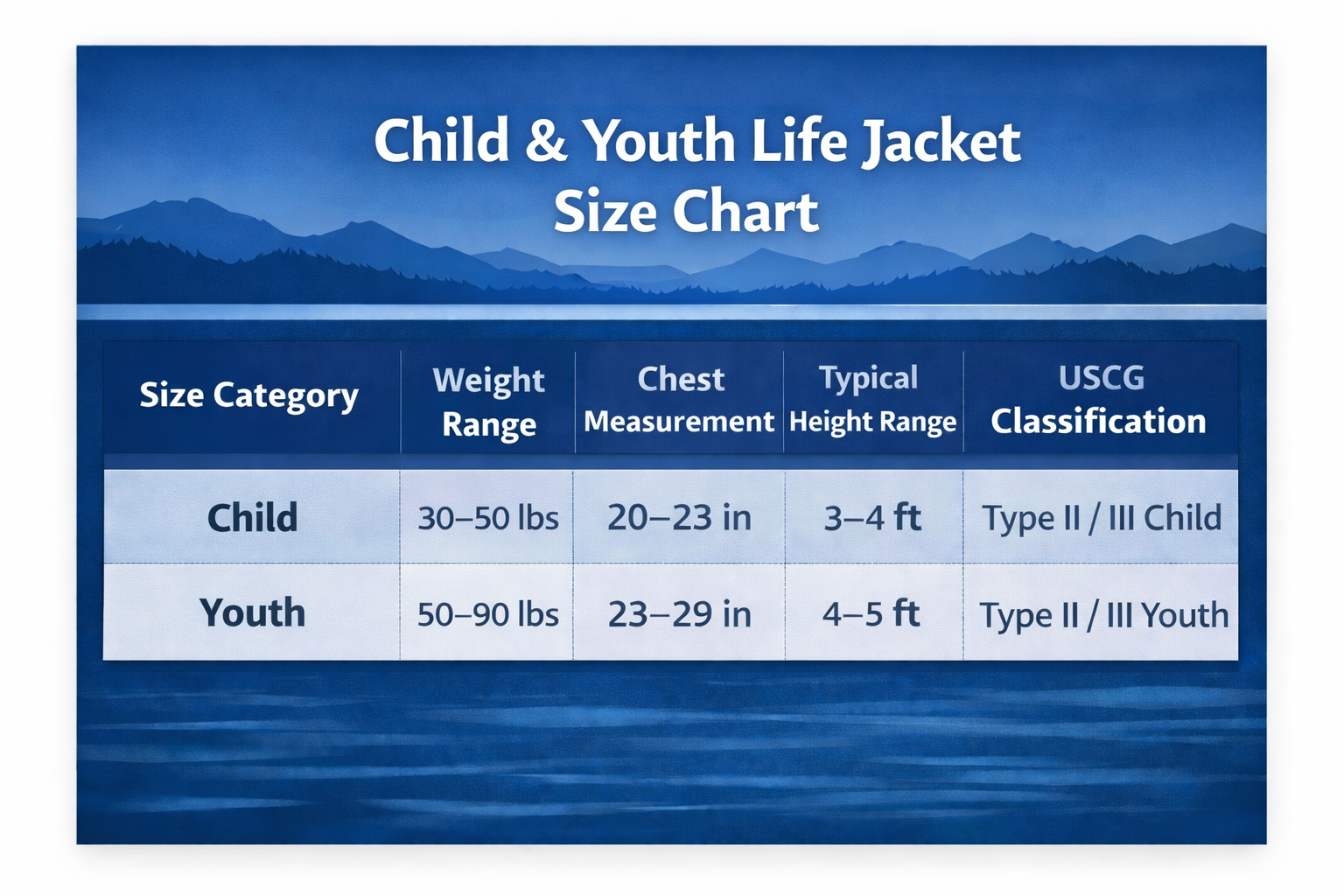 Child and youth life jacket size chart showing weight, chest, height, and USCG classification