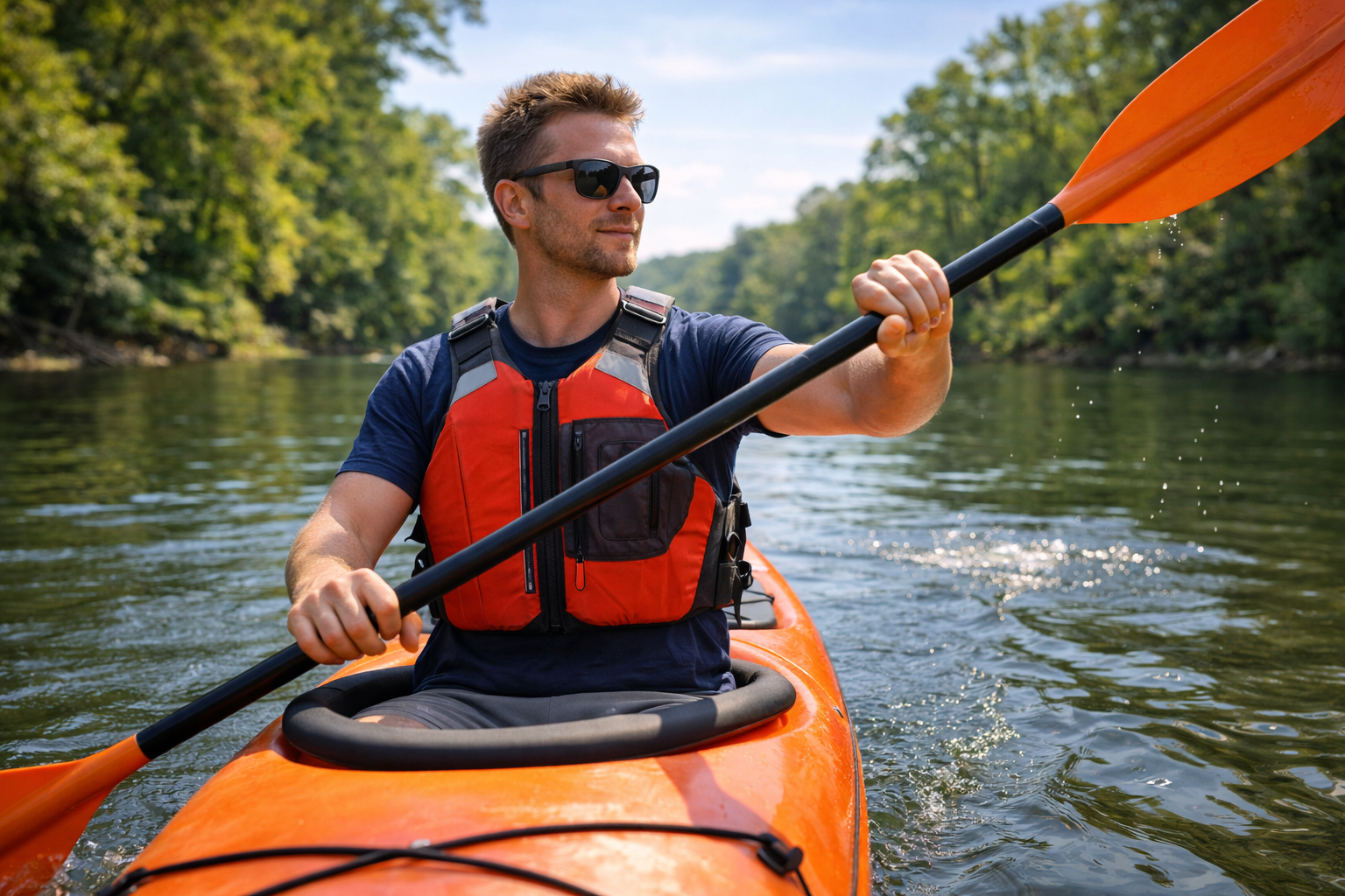 kayaker wearing a paddling life jacket