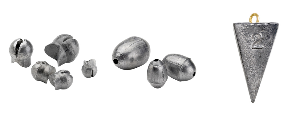 Assortment of fishing sinkers and weights including pyramid, egg, and split shot sinkers