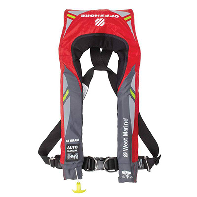 West Marine offshore inflatable PFD in red