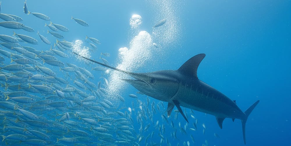 Swordfish being landed by an angler using deep-drop technique at night offshore