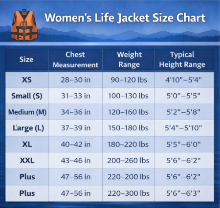 Women's life jacket size chart showing chest measurement, weight, and height ranges